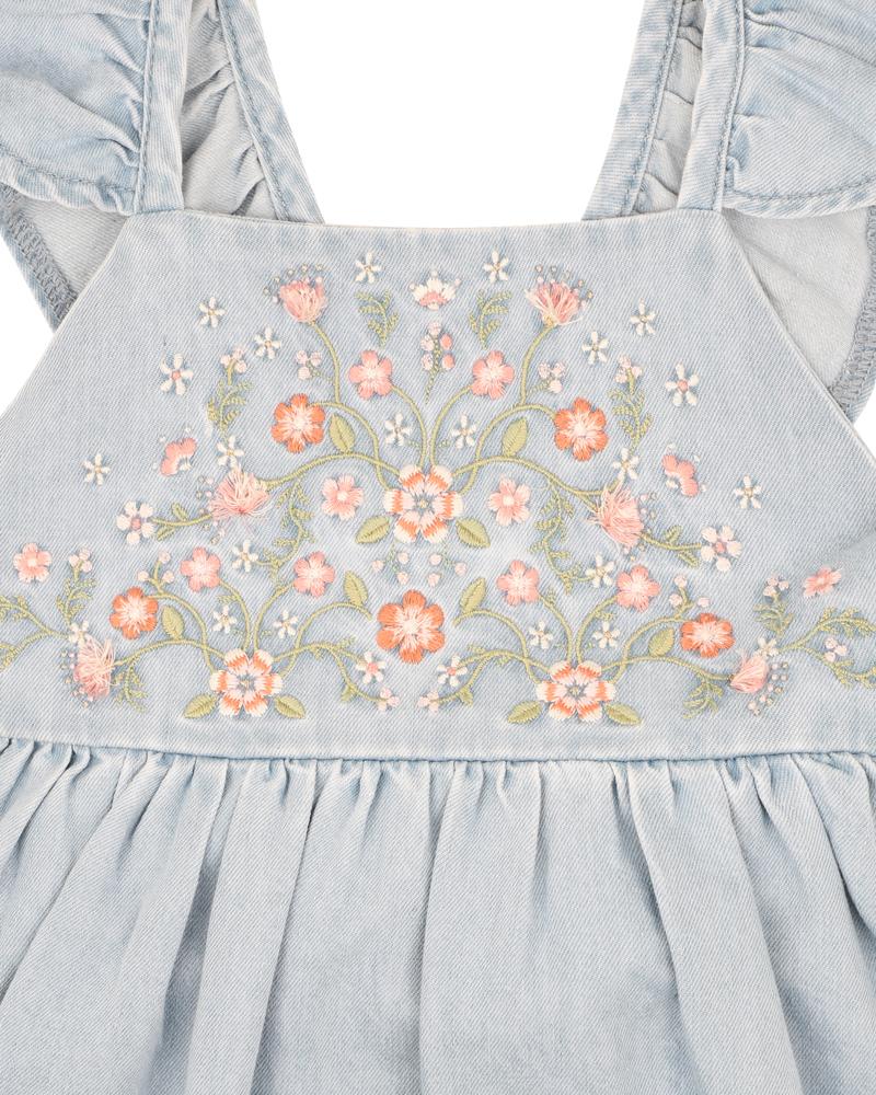 Embroidered denim pinafore dress best sale