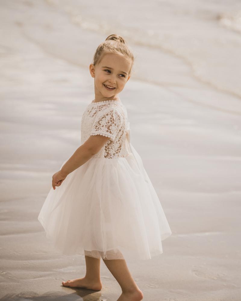 White Daisy Lace Dress With Tulle Ruffle And Ribbon Details